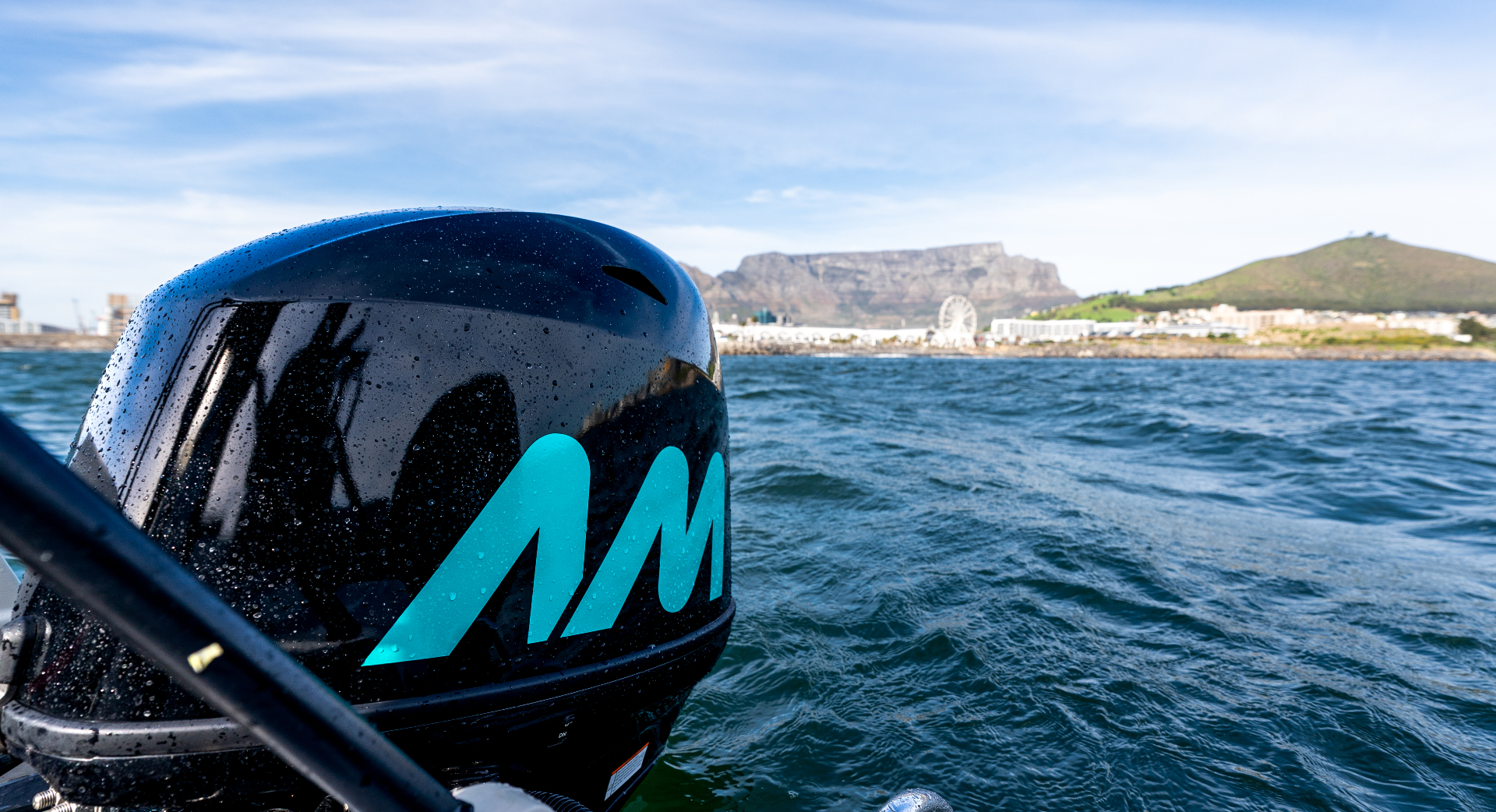 Africa Marine outboard motor on the water with Table Mountain in the background